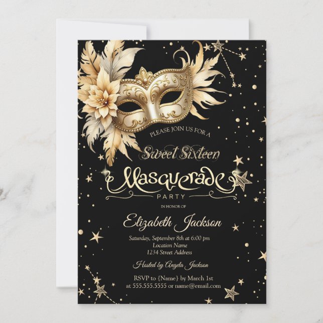 Gold Floral Masque Stars Sweet 16 Invitation (Front)