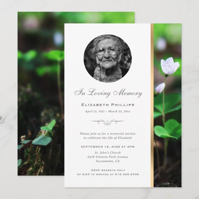 Gold Floral Memorial Service Photo Invitations (Front/Back)