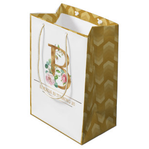 Gold floral monogram B Medium Gift Bag