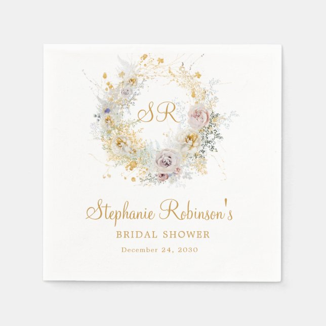 Gold Floral Monogram Bridal Shower Napkin (Front)