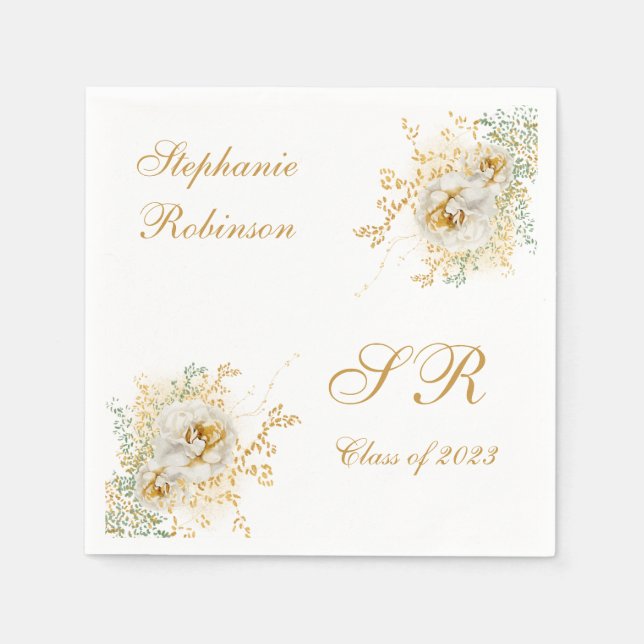 Gold Floral Monogram Graduation  Napkin (Front)