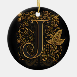 Gold Floral Monogram J Ceramic Tree Decoration