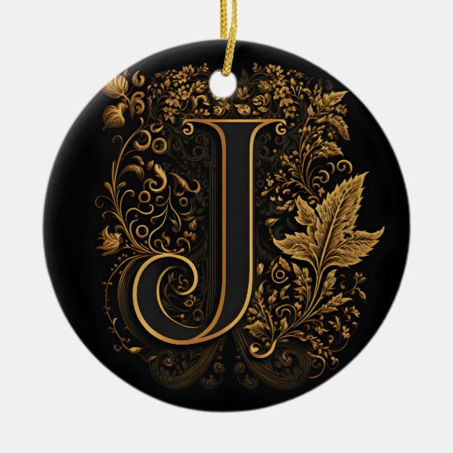Gold Floral Monogram J Ceramic Tree Decoration (Front)