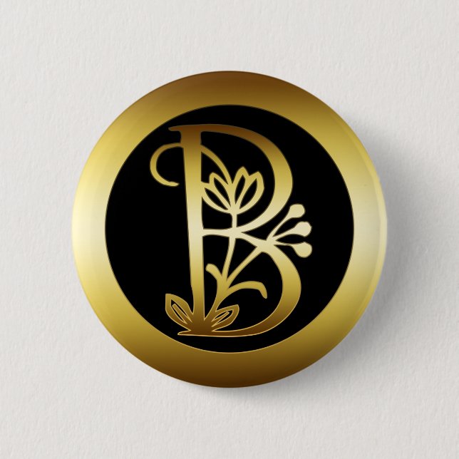 GOLD FLORAL MONOGRAM LETTER B 6 CM ROUND BADGE (Front)
