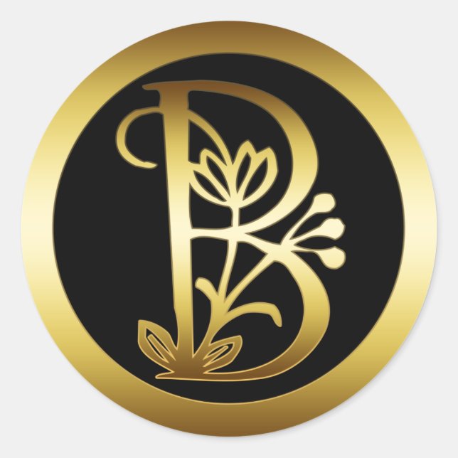 GOLD FLORAL MONOGRAM LETTER B CLASSIC ROUND STICKER (Front)