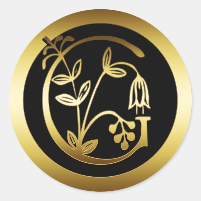 GOLD FLORAL MONOGRAM LETTER G CLASSIC ROUND STICKER (Front)
