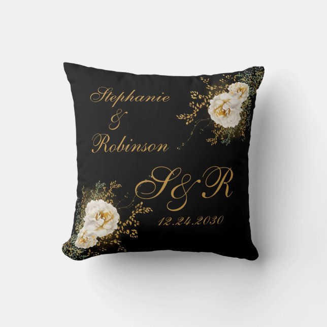 Gold Floral Monogram Logo On Black Wedding Gift  Cushion (Front)