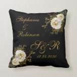 Gold Floral Monogram Logo On Black Wedding Gift  Cushion<br><div class="desc">Gold winter floral monogram logo on black wedding gift throw pillow. Great gift for newly weds or your favourite couple for their wedding anniversary. Easy to customise bride groom names,  initials and wedding date. Get yours today!</div>