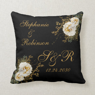 Gold Floral Monogram Logo On Black Wedding Gift  Cushion