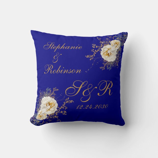 Gold Floral Monogram Logo On Navy Blue Wedding Cushion (Front)