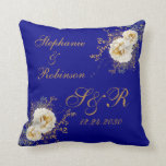 Gold Floral Monogram Logo On Navy Blue Wedding Cushion<br><div class="desc">Gold winter floral monogram logo on navy blue wedding gift throw pillow. Great gift for newly weds or your favourite couple for their wedding anniversary. Easy to customise bride groom names,  initials and wedding date. Get yours today!</div>