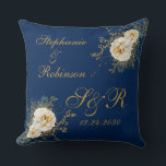 Gold Floral Monogram Logo On Navy Blue Wedding Thr Cushion<br><div class="desc">Gold winter floral monogram logo on navy blue wedding gift throw pillow. Great gift for newly weds or your favourite couple for their wedding anniversary. Easy to customise bride groom names,  initials and wedding date. Get yours today!</div>