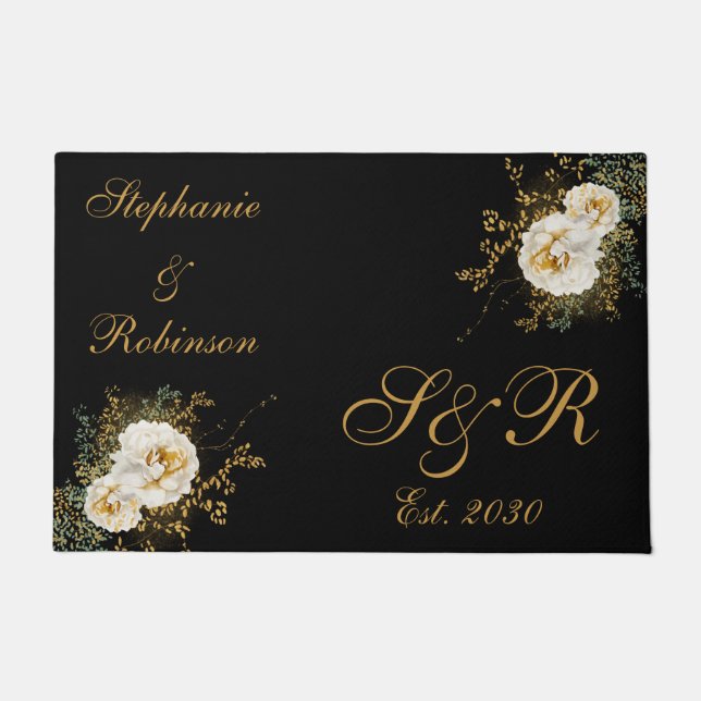 Gold Floral Monogram Logo Wedding Doormat (Front)