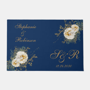 Gold Floral Monogram Logo Wedding Gift Blue Doormat