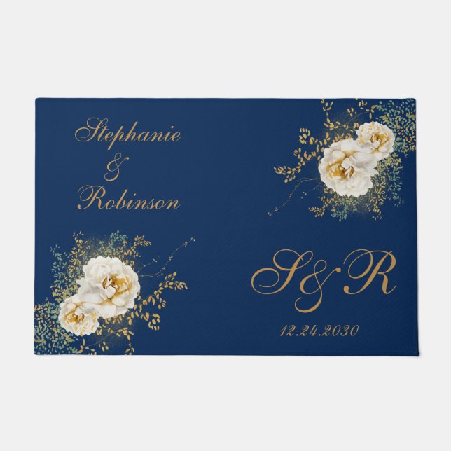 Gold Floral Monogram Logo Wedding Gift Blue Doormat (Front)