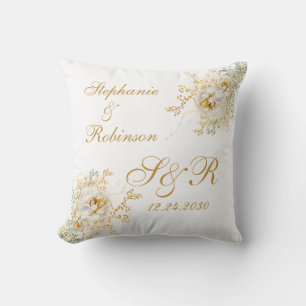 Gold Floral Monogram Logo Wedding Gift Cushion
