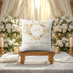 Gold Floral Monogram Logo Wedding Gift Cushion