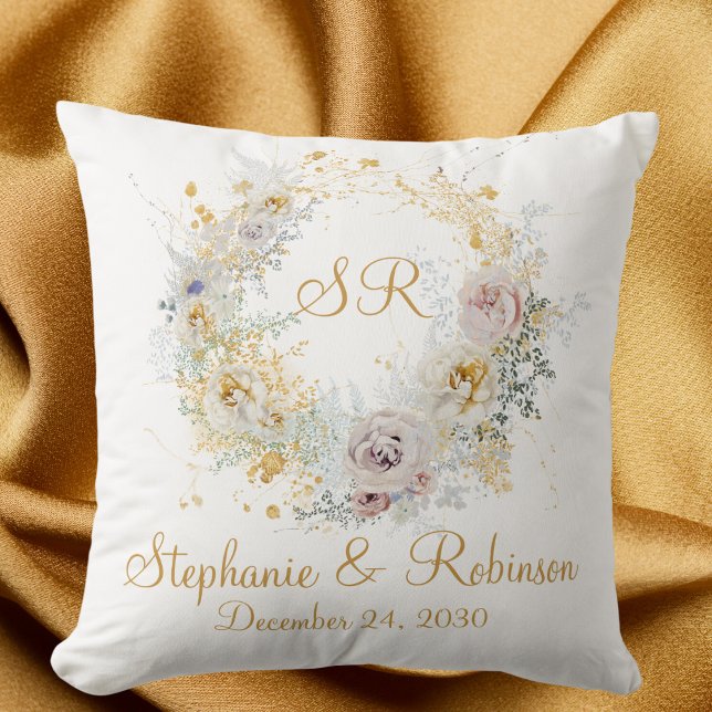 Gold Floral Monogram Logo Wedding Gift  Cushion (Creator Uploaded)