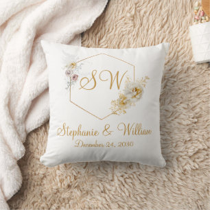 Gold Floral Monogram Logo Wedding Gift Cushion