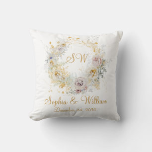 Gold Floral Monogram Logo Wedding Gift Cushion