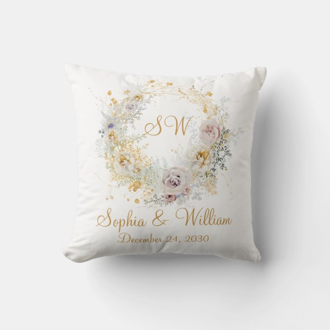 Gold Floral Monogram Logo Wedding Gift  Cushion (Front)