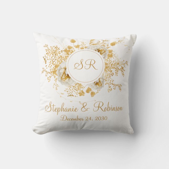 Gold Floral Monogram Logo Wedding Gift Cushion (Front)