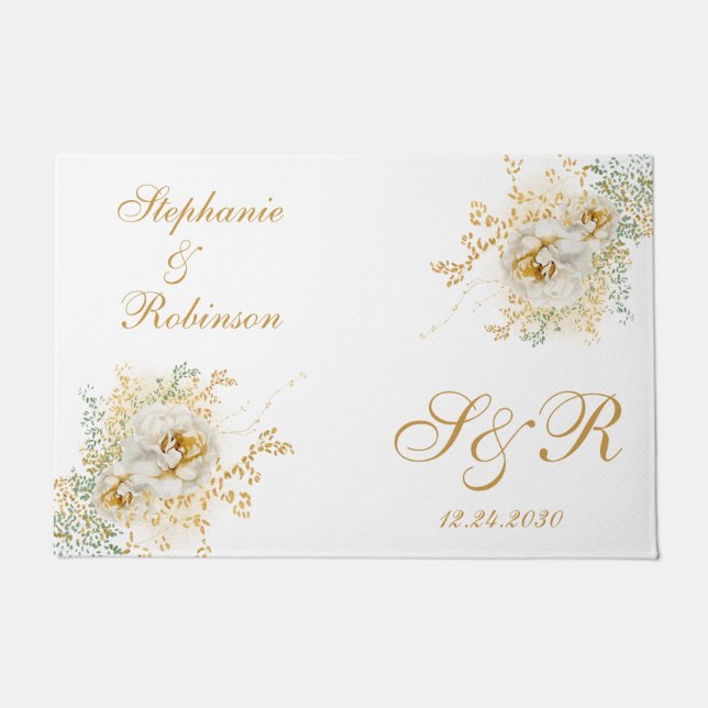 Gold Floral Monogram Logo Wedding Gift Doormat (Front)
