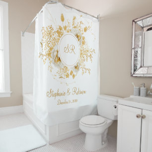 Gold Floral Monogram Logo Wedding Gift Shower Curtain