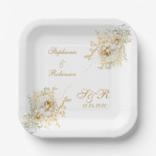 Gold Floral Monogram Logo Wedding Paper Plate