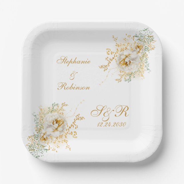 Gold Floral Monogram Logo Wedding  Paper Plate (Front)