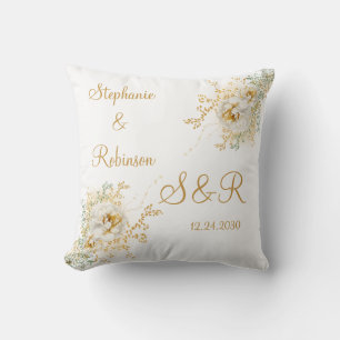 Gold Floral Monogram Logo Wedding  Throw Pillow
