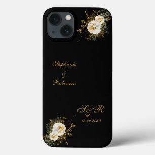 Gold Floral Monogram On Black  Wedding  iPhone 13 Case