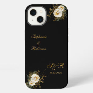 Gold Floral Monogram On Black Wedding iPhone 13 Case