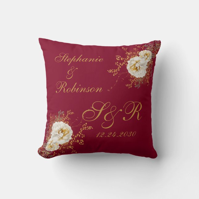 Gold Floral Monogram On Burgundy Wedding Gift  Cushion (Front)
