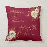 Gold Floral Monogram On Burgundy Wedding Gift  Cushion<br><div class="desc">Gold winter floral monogram logo on burgundy wedding gift throw pillow. Great gift for newly weds or your favourite couple for their wedding anniversary. Easy to customise bride groom names,  initials and wedding date. Get yours today!</div>