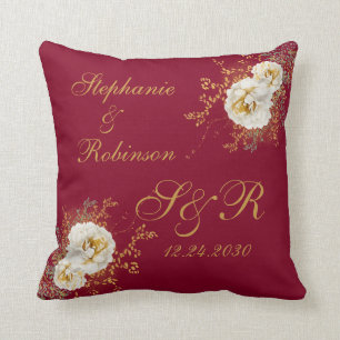 Gold Floral Monogram On Burgundy Wedding Gift  Cushion