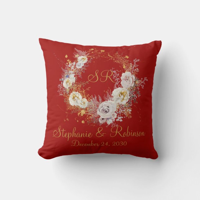 Gold Floral Monogram On Red Christmas Wedding  Cushion (Front)