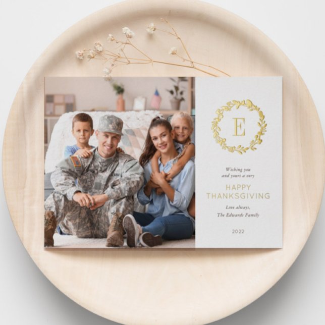 Gold Floral Monogram Thanksgiving Greeting Photo Foil Holiday Card (Creator Uploaded)