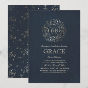 Gold Floral Monogram Vintage Navy Bridal Shower Invitation