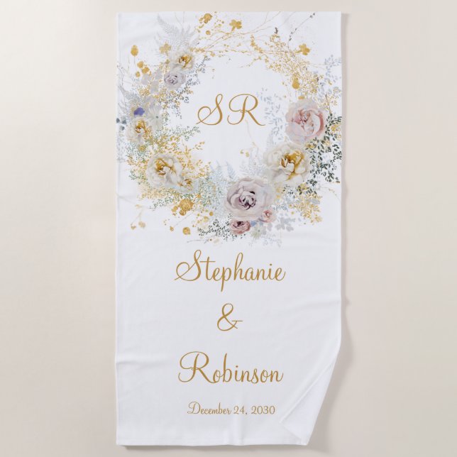 Gold Floral Monogram Wedding Gift Beach Towel (Front)