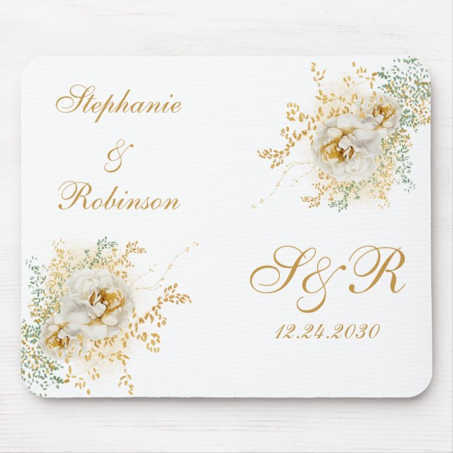 Gold Floral Monogram Wedding Mouse Mat (Front)