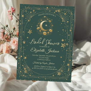 Gold Floral Moon Stars Frame Green Bridal Shower Invitation