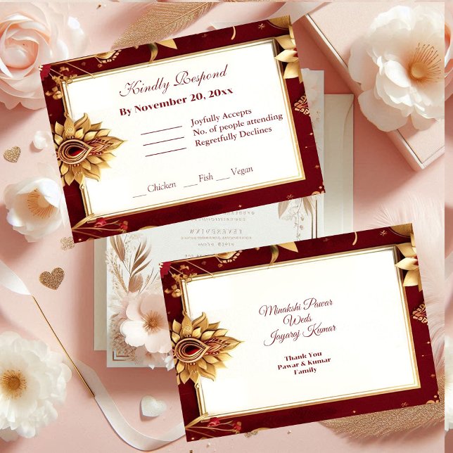 Gold Floral Motif Asymmetric Grand Indian Wedding  RSVP Card (Gold Floral Motif Asymmetric Grand Indian Wedding RSVP Card)
