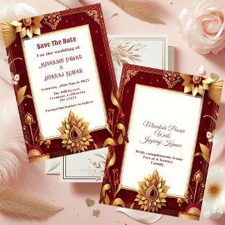 Gold Floral Motif Asymmetric Grand Indian Wedding  Save The Date