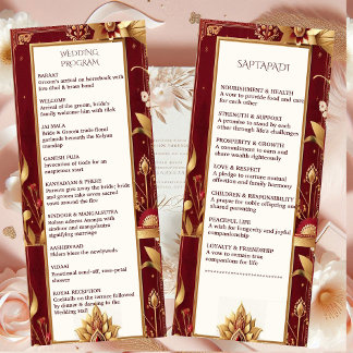 Gold Floral Motif Ornate Asymmetric Indian Wedding Programme