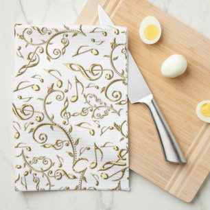 Gold Floral Music Pattern On White or Any Colour Tea Towel
