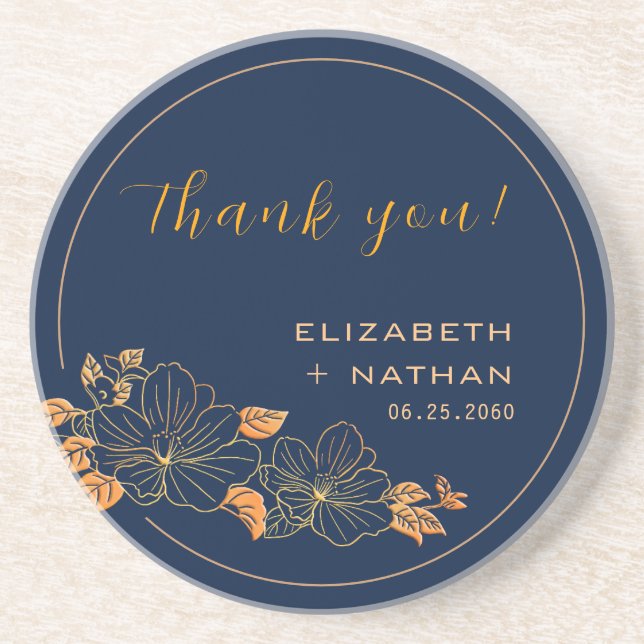 Gold Floral Navy Blue Wedding Thank You Gift Coaster (Front)