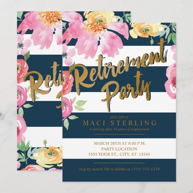 Gold, Floral & Navy Retirement Party Invitations (Front/Back)