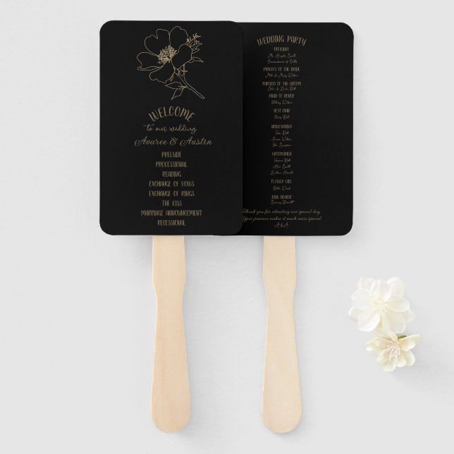 Gold Floral on Black Background Hand Fan (Front and Back)