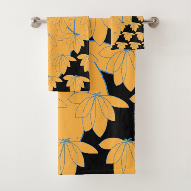 Gold Floral On Black  Bath Towel Set (Insitu)
